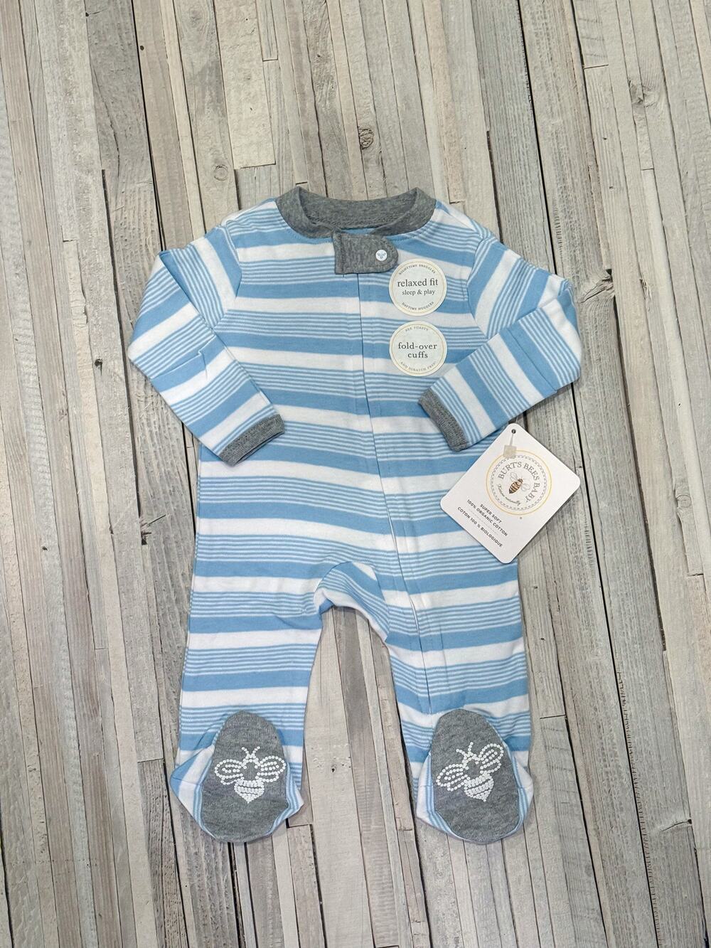 NEW Burt’s Bees Baby Organic Cotton Blue Striped Footed Pajamas – 0-3 Months
